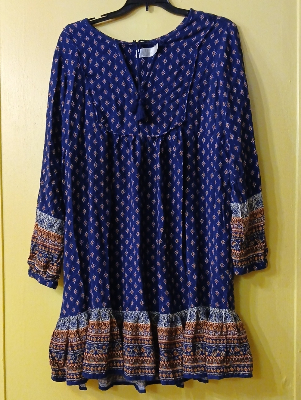 Boho Time and Tru  Navy Blue Printed Tunic Dress with Border Trim